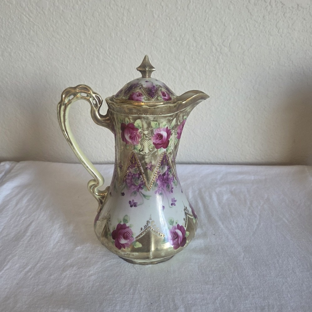 Antique Nippon Hand Painted Porcelain Pitcher Gold Moriage Pink Roses Violets